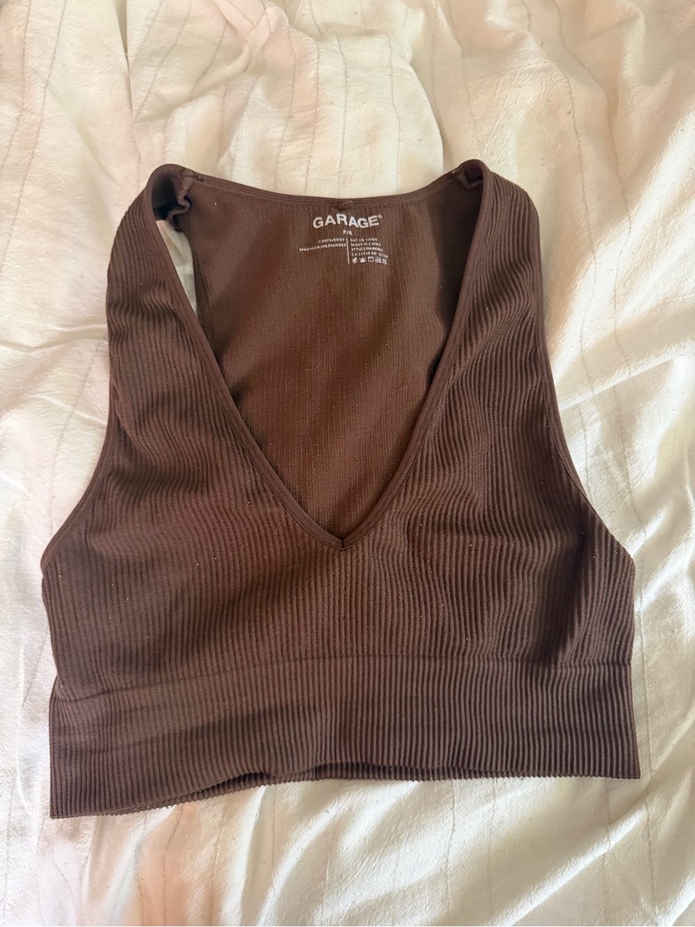 Garage Brown Ribbed V-Neck Crop Tank Top